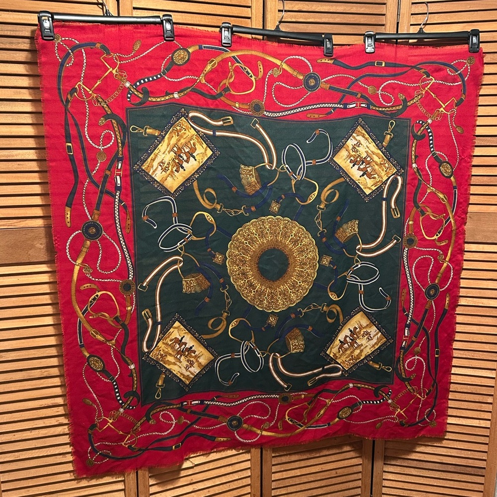 Vintage Art of the Scarf Red, Green, Navy & Tan Equestrian Design Scarf/Wrap